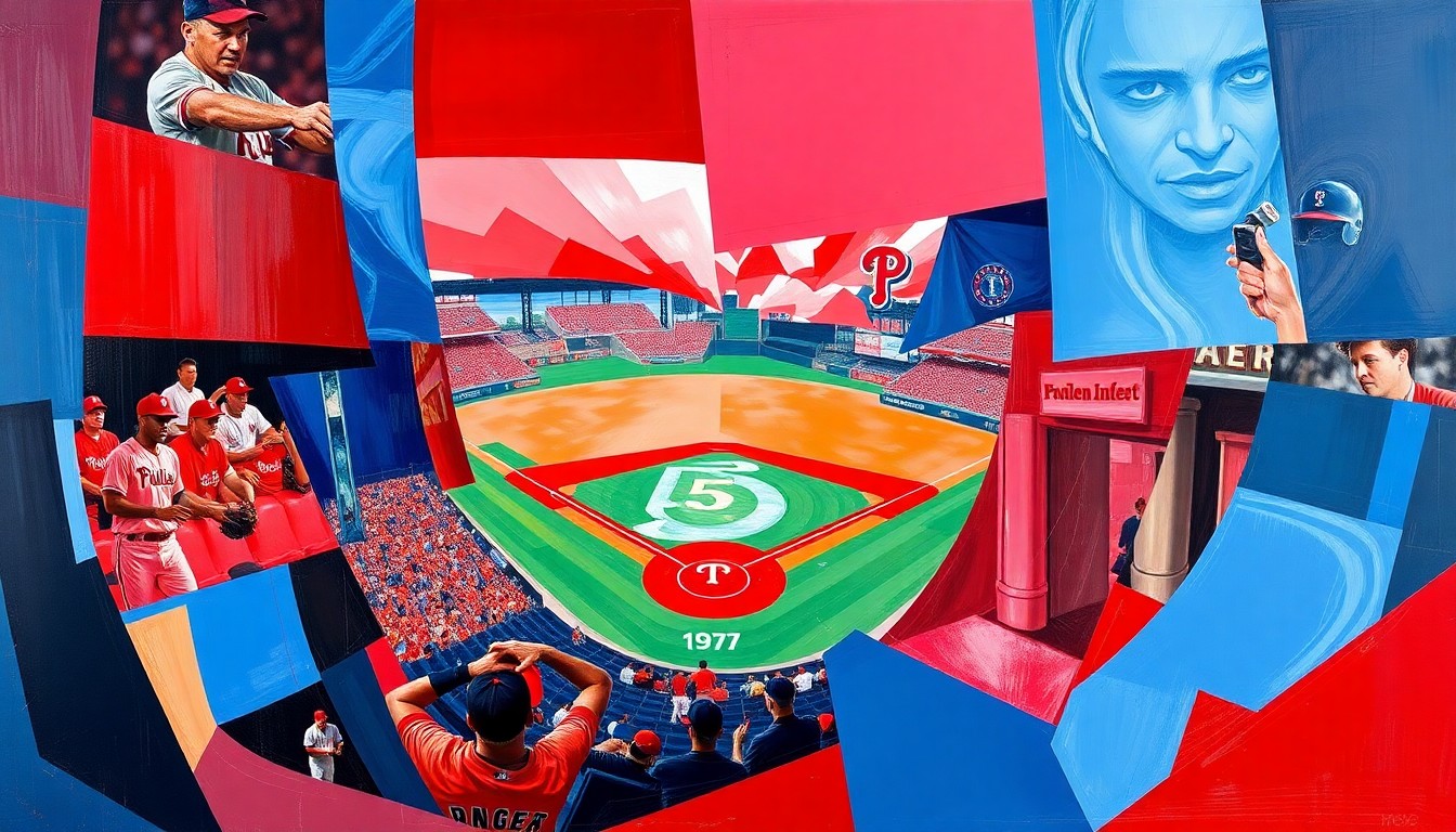 A cubist-style painting featuring sharp, overlapping geometric shapes in the colors of the Phillies and Rangers, abstractly representing the action of a baseball game.