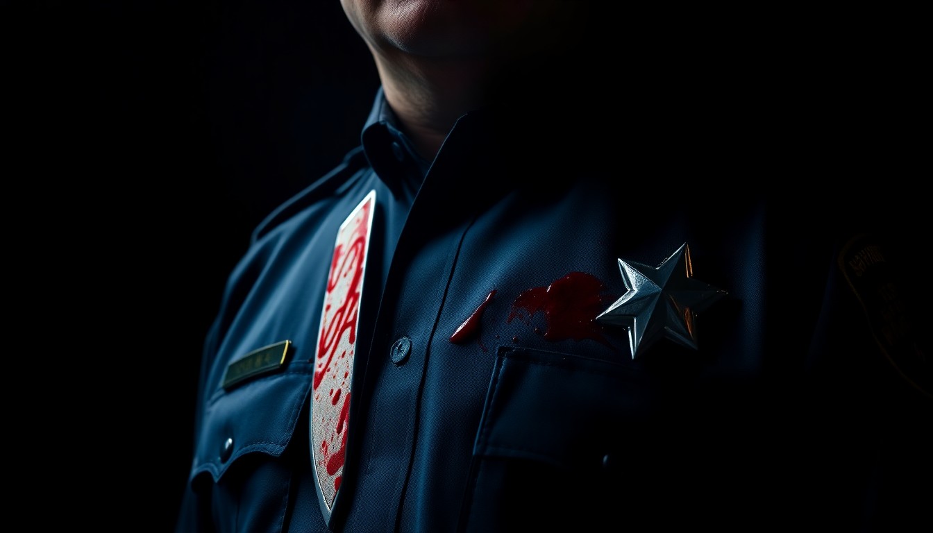 An extreme close-up photograph of a police officer's bloodied uniform, with a knife blade visible, lit by a harsh, direct camera flash against a pitch-black background, conceptually illustrating the violence of the incident.