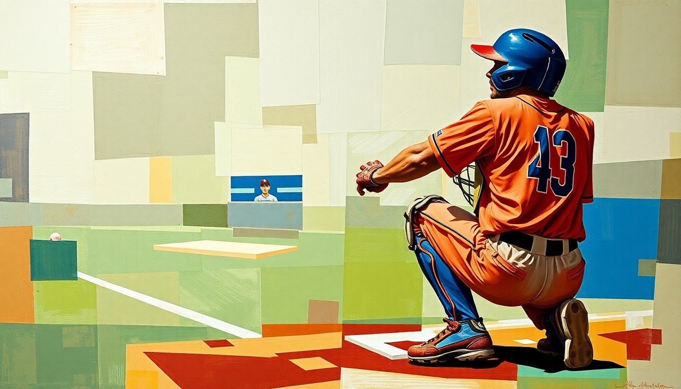 A fragmented, geometric painting depicting the movements and positioning of a baseball catcher, with sharp planes of color and form representing the dynamic action of the game.