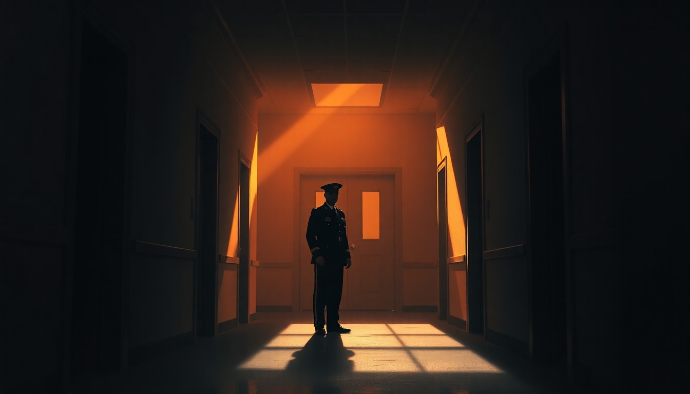 A solitary military officer stands in a dimly lit Pentagon hallway, the scene bathed in warm, diagonal sunlight and deep shadows, capturing a sense of quiet contemplation and unease.
