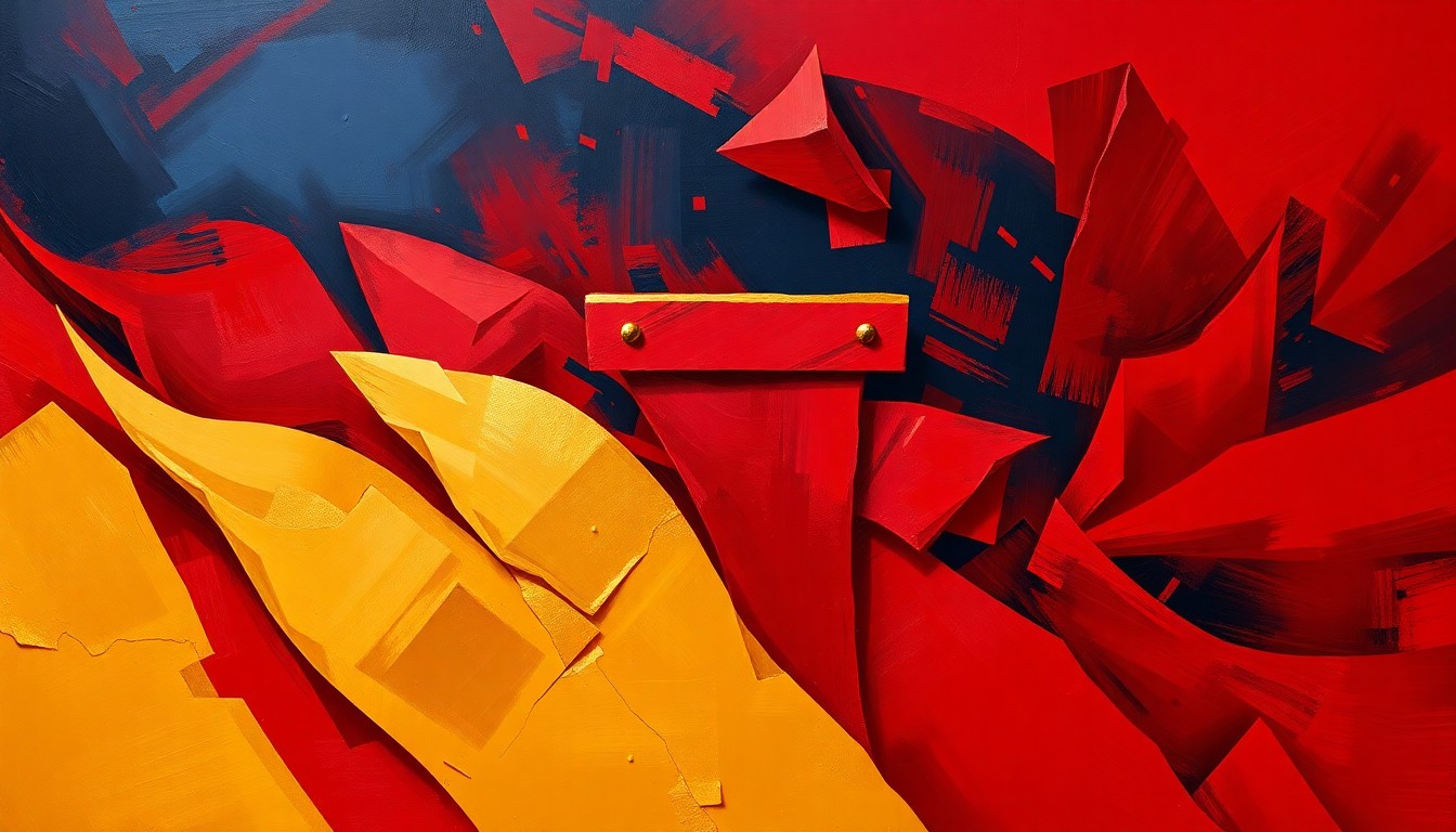 A vibrant, abstract painting featuring a fractured, repeating image of a political symbol like a podium or gavel, rendered in bold, overlapping strokes of red, blue, and gold, conveying a sense of energy and motion around the 2028 GOP primary.