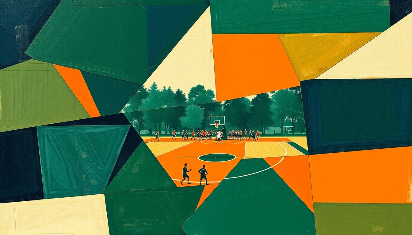 A cubist, geometric painting depicting a high school sports competition broken down into fragmented, overlapping shapes and planes in a palette of navy, green, and orange, conveying the complex and multifaceted nature of the public-private school sports debate.