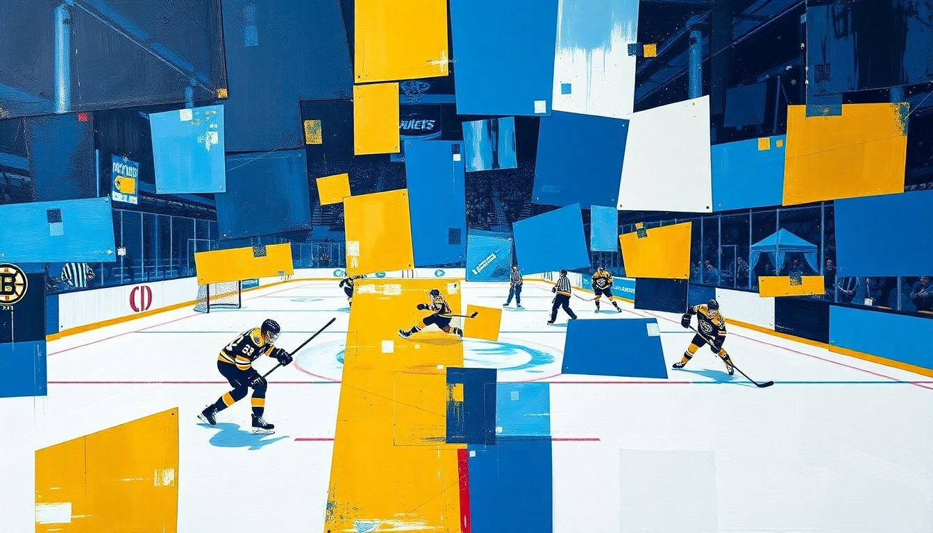 A fractured, multi-perspective painting depicting a hockey game, with sharp, overlapping geometric planes in vibrant blue, gold, and white colors, conceptually representing the high-stakes clash between the two teams.