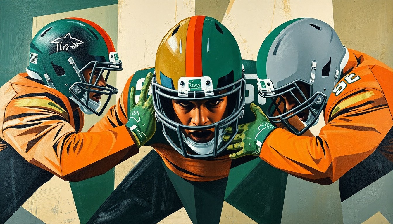 A fractured, multi-angled painting depicting the overlapping geometric forms of a football defensive line, with sharp planes of green, orange, and gray conveying the physical intensity of the game.