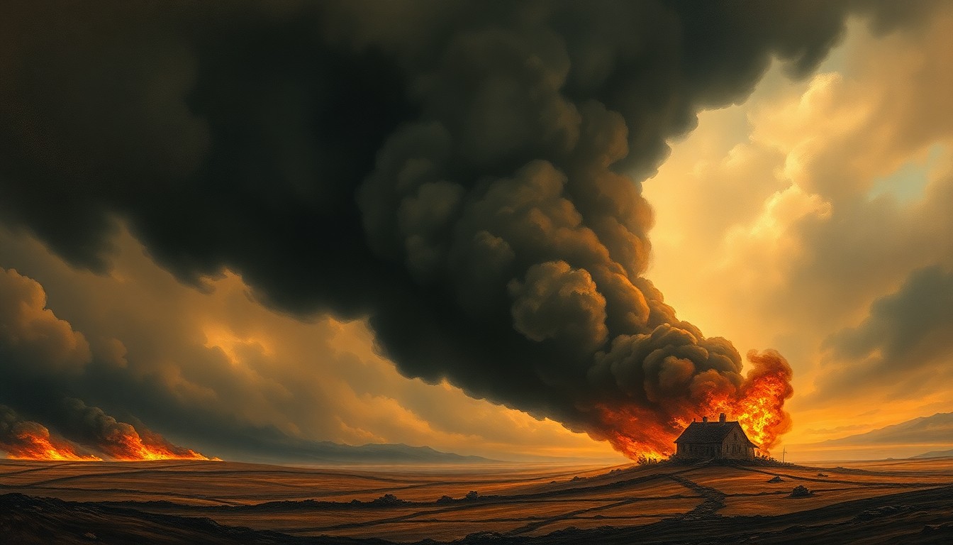 A vast, atmospheric landscape painting depicting a small house engulfed in flames, with thick plumes of dark smoke billowing up into a moody, overcast sky, conveying the overwhelming, sublime power of the natural elements.