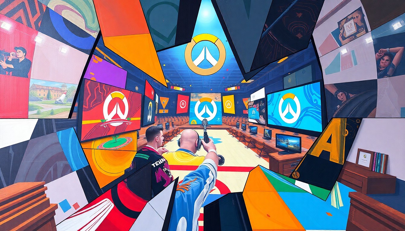 A cubist, geometric painting depicting an Overwatch esports match, with fragmented and overlapping shapes in bright colors representing the dynamic action of the game.