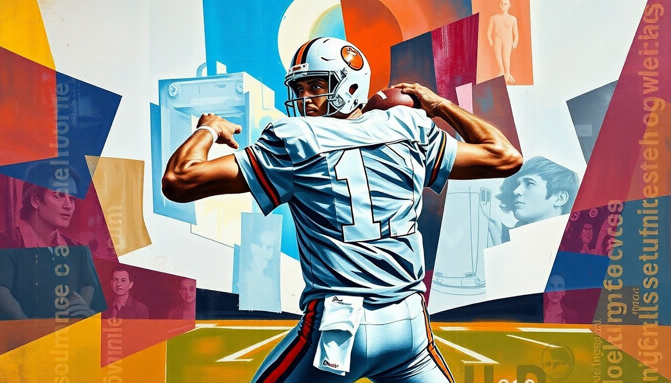 A cubist, geometric painting depicting a quarterback in motion, with the player's form broken down into sharp, overlapping planes of color and shape.