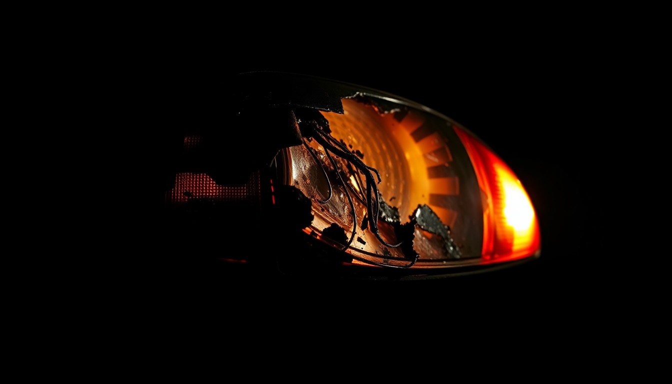 An extreme close-up photograph of a charred, twisted car part reflecting a faint glow, conceptually illustrating the aftermath of a fatal vehicle collision.