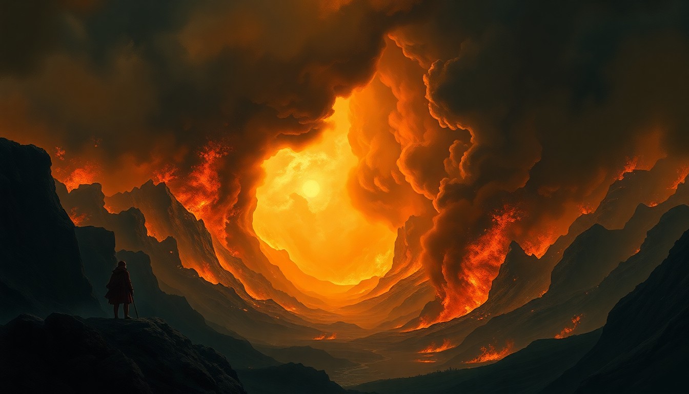 A sweeping, atmospheric landscape painting depicting a massive fire consuming a residential structure, with the flames and smoke dominating the scene and dwarfing any physical details.