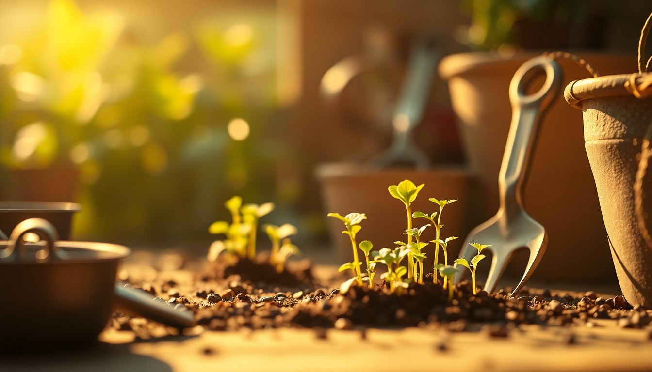 An extremely abstracted, out-of-focus photograph shot through condensation or rain-streaked glass, composed of blurred gardening tools and seedlings in soft pools of warm, golden light, creating an atmospheric and dreamlike quality.