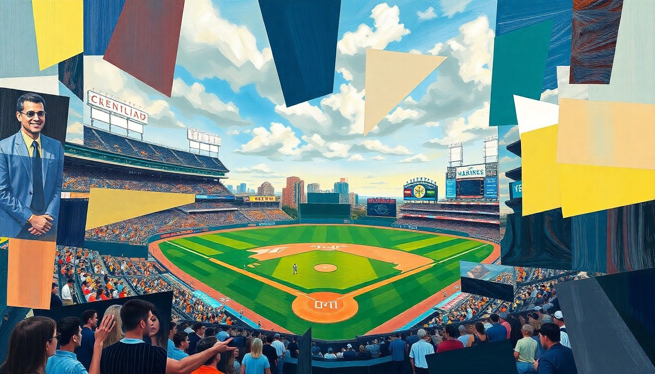 A fragmented, geometric painting depicting a baseball game in progress, with players and the field broken down into sharp, overlapping shapes and planes of color, conveying the intensity and strategic complexity of the matchup.