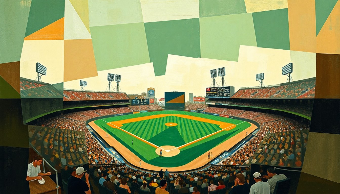 A fragmented, geometric painting depicting a baseball game broken down into sharp, overlapping planes of color, conceptually representing the conflicts arising from the implementation of automated ball-strike systems.