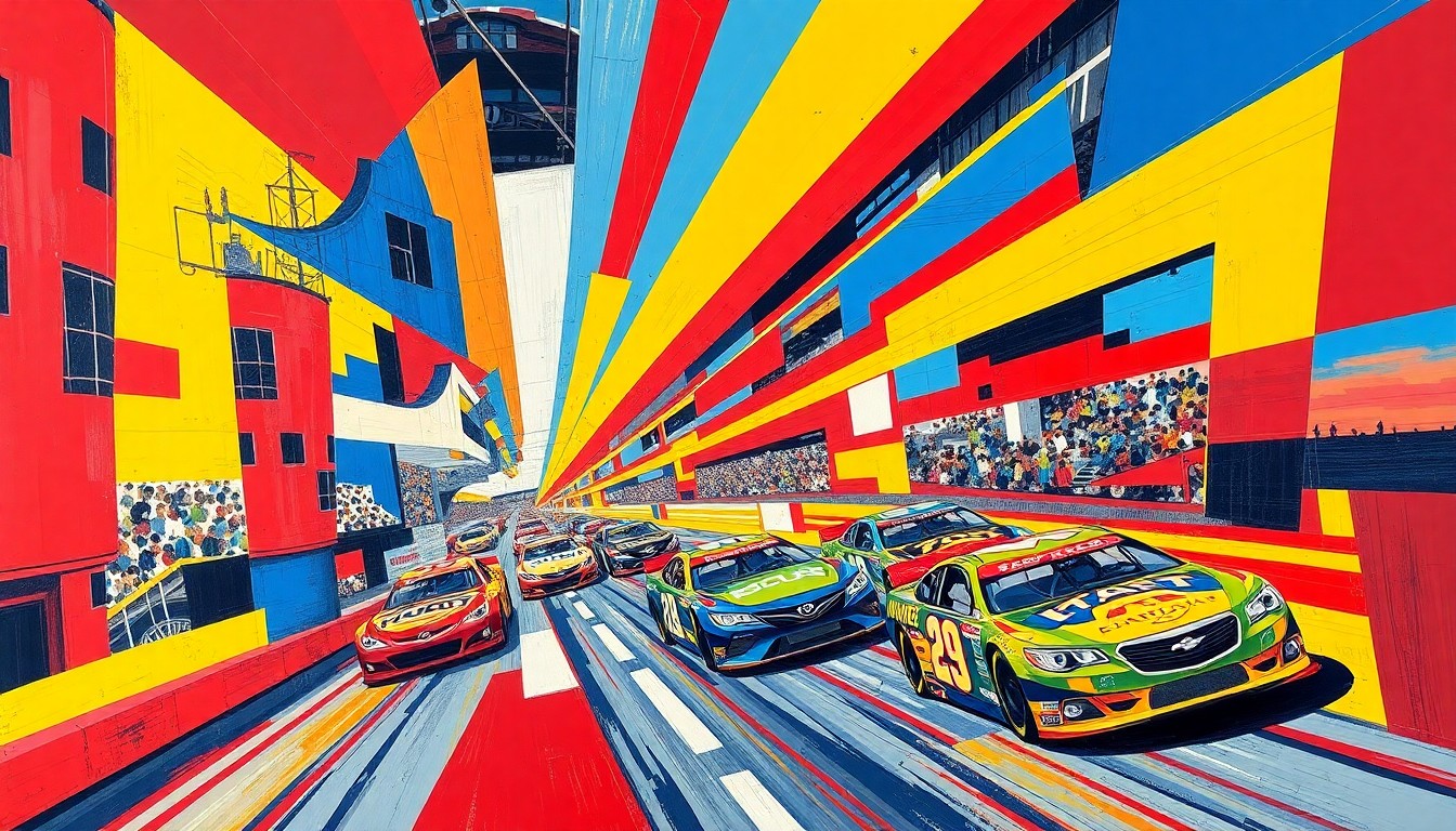 A fractured, cubist-style painting depicting the dynamic motion and energy of a NASCAR race, with sharp geometric shapes and planes of color representing the speed, competition, and intensity of stock car racing.