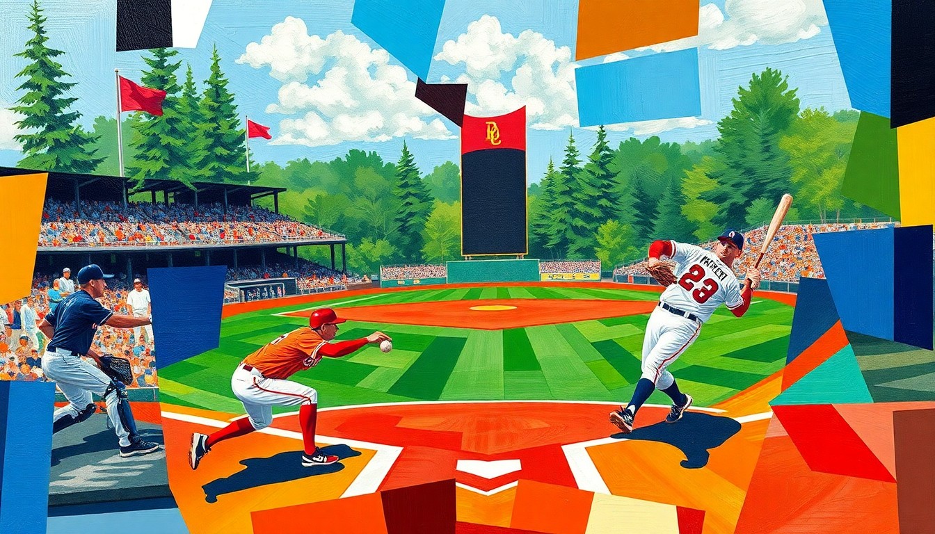 A fragmented, geometric painting depicting the dynamic movements and energy of a baseball game, with the colors of the competing teams' uniforms blending together in an abstract, cubist style.