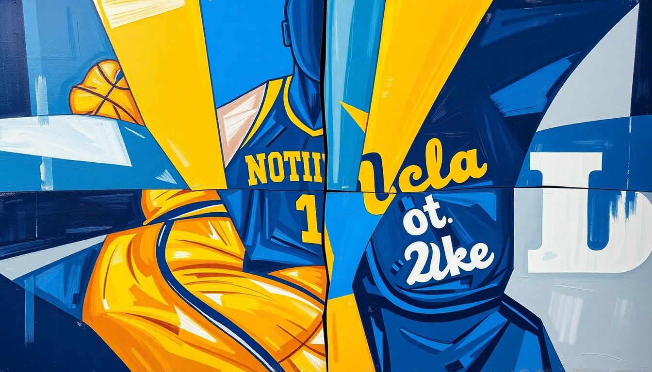 An abstract, cubist-style painting featuring overlapping geometric shapes and planes in the official colors of the teams competing in the Elite Eight, capturing the energy and intensity of the women's basketball tournament.