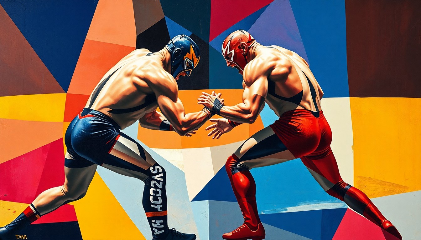 A cubist, geometric painting depicting the dynamic movements and intense competition of a wrestling match, with the wrestlers' bodies fractured into overlapping planes of navy, crimson, and gold.