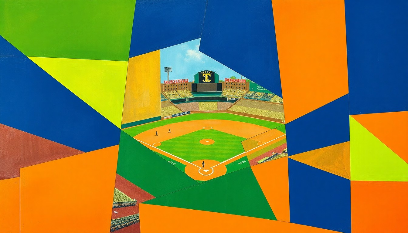 A cubist, geometric painting depicting a college baseball game, with overlapping planes of bright green, navy blue, and orange representing the action on the field.