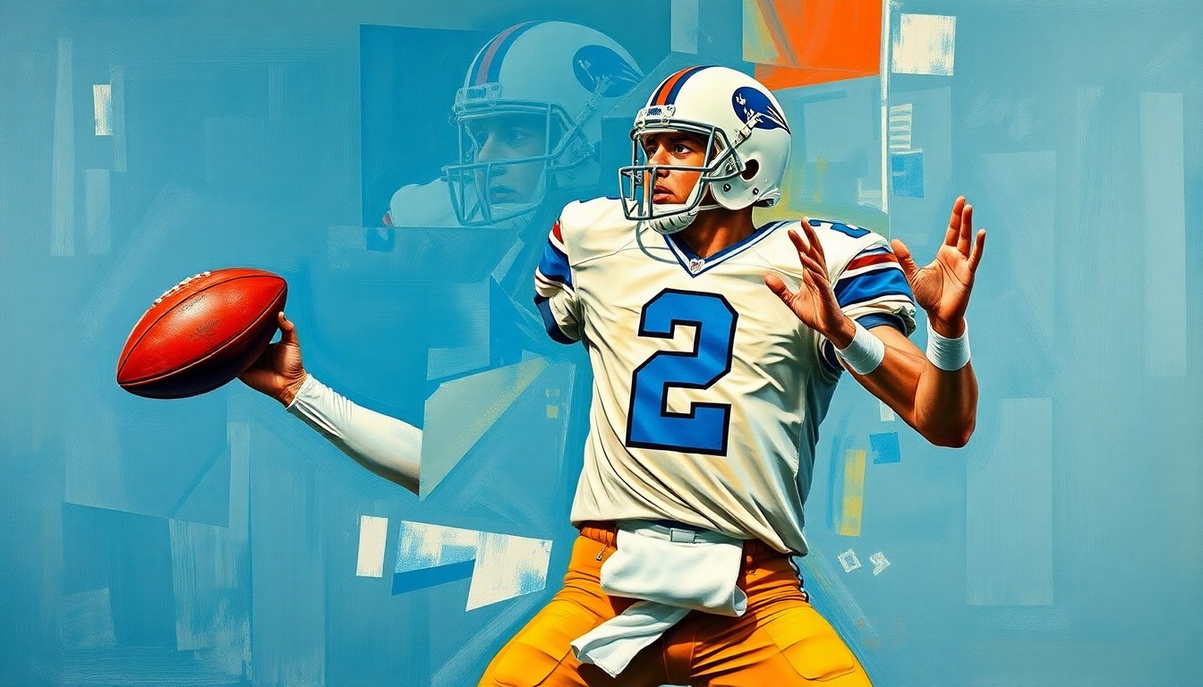 A fractured, cubist-style painting depicting a football player in the act of throwing a pass, with the number 2 prominently featured in the composition, conceptually representing Shedeur Sanders' jersey number change and his quest to solidify his role as the Browns' starting QB.
