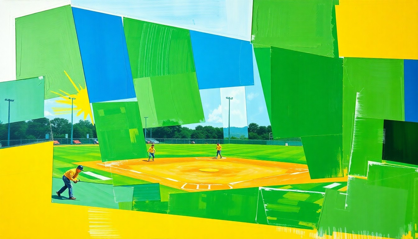 A vibrant, cubist-style painting depicting a high school softball game, with the players and field broken down into sharp, overlapping geometric shapes in shades of green, yellow, and blue, conveying the energy and movement of the sport.