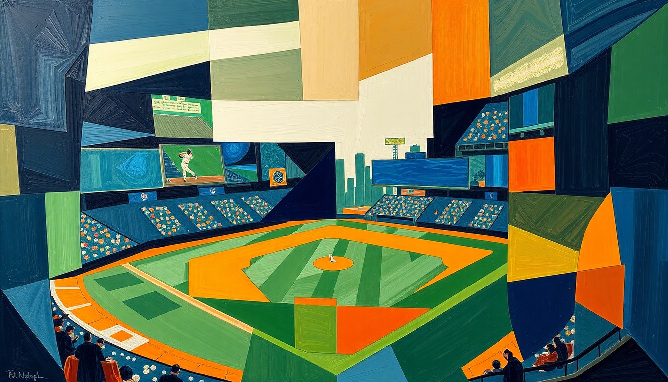 A cubist, geometric painting depicting a baseball game or match broken down into sharp, overlapping planes of navy blue, forest green, and burnt orange, representing the complex challenges Bichette faces as he transitions to the Mets.
