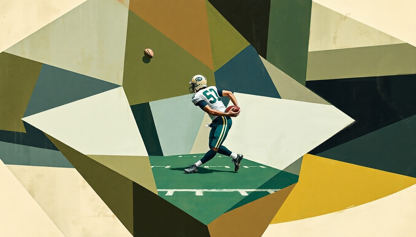A fragmented, cubist-style painting depicting a football player executing the Tush Push play, with the action broken down into sharp, overlapping geometric shapes in muted earth tones and shades of green, blue, and brown, conveying the conceptual tension and uncertainty surrounding the play's future in the NFL.