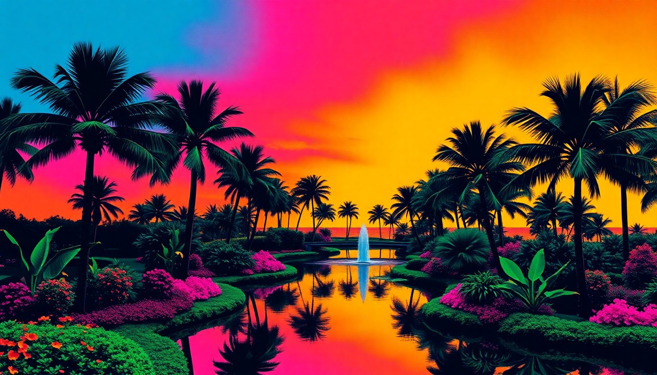 A boldly colored, abstract grid of tropical foliage and water features, conceptually representing the innovative landscape design that has earned Fernando Wong and Tim Johnson acclaim in Palm Beach.