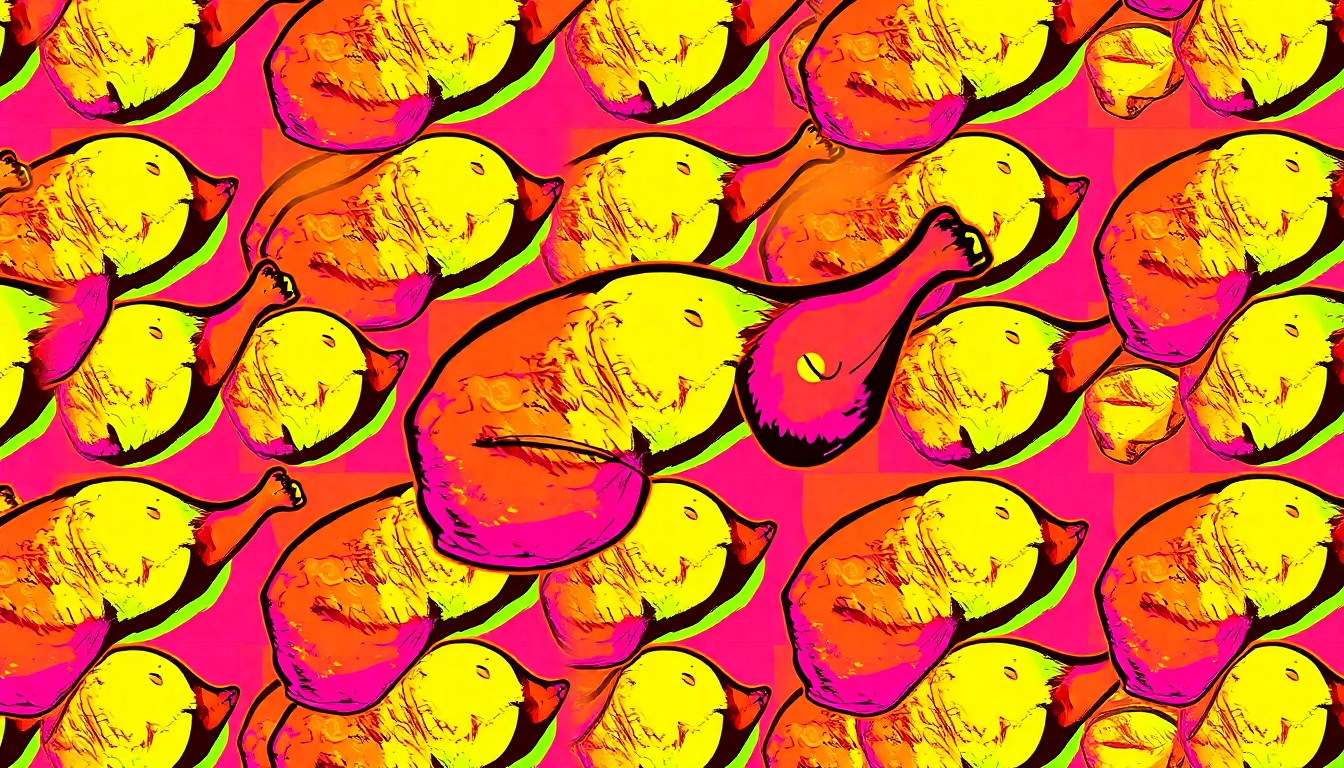 A bold, colorful silkscreen print featuring a repeated image of a rotisserie chicken or grilled vegetable, conceptually representing the new restaurant's focus on elevated, flavor-forward dishes.