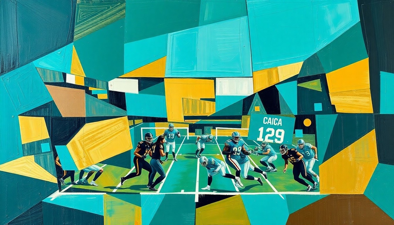 A fragmented, geometric painting in shades of teal, gold, and black, depicting overlapping planes and shapes that represent the dynamic movements and energy of a football game or practice.