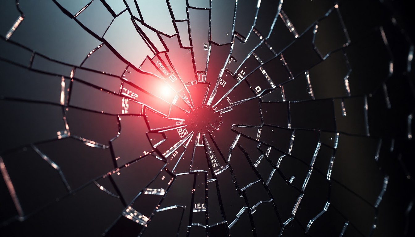 An extreme close-up of a shattered mirror reflecting a faint glimmer of light, conceptually representing the complex web of power and influence that enabled Jeffrey Epstein's crimes.