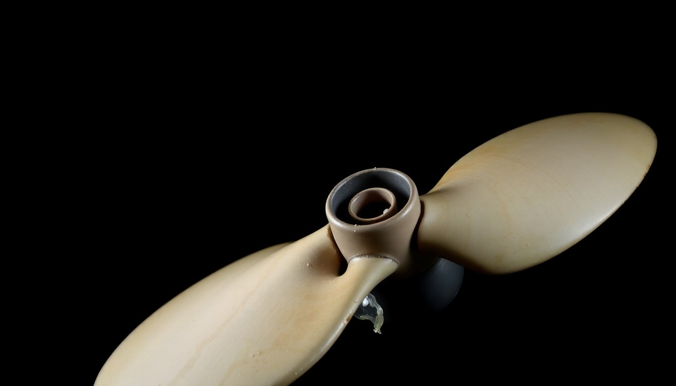 An extreme close-up photograph of a damaged boat propeller, its metal surface reflecting the harsh light of the camera flash against a pitch-black background, conceptually illustrating the aftermath of a boating accident.