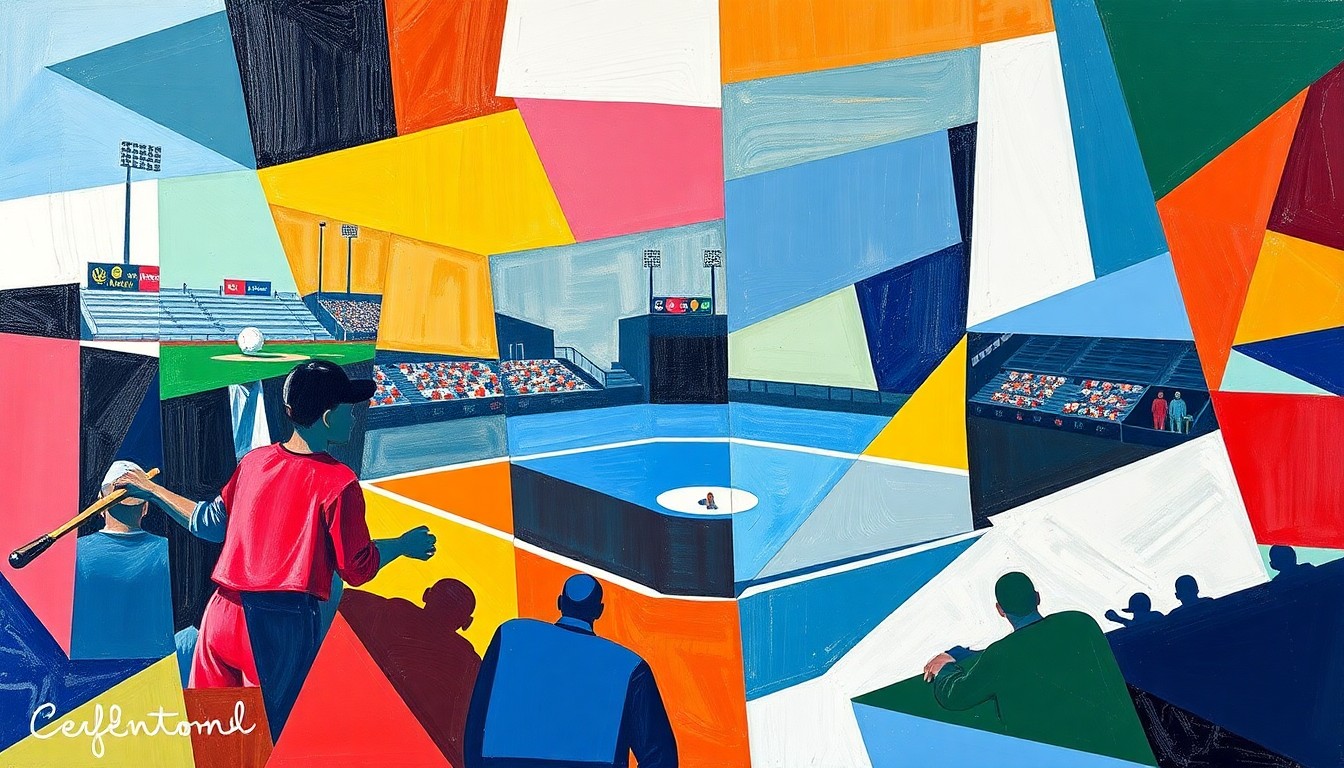 A cubist, geometric painting depicting a high school baseball game, with sharp, overlapping planes of color representing the dynamic action on the field.