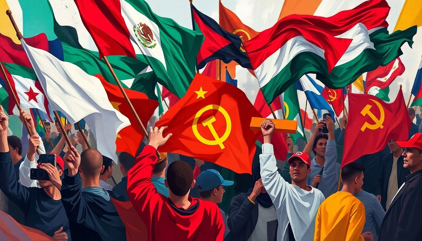 A dynamic, abstract painting of overlapping, fractured geometric shapes in bold colors representing protesters waving a mix of flags, conceptually illustrating the incoherence and violence of the 'No Kings' protests.