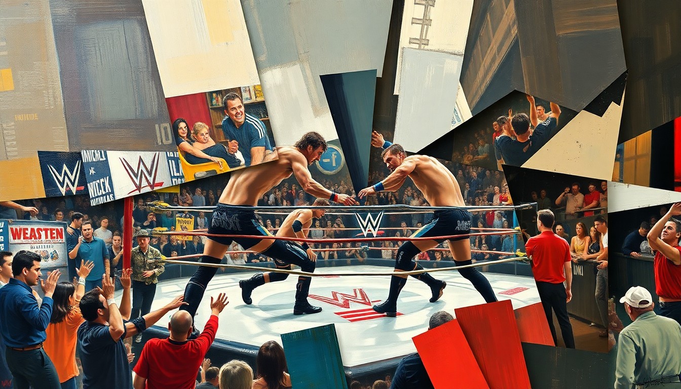 A cubist-style painting featuring sharp, overlapping geometric shapes in a variety of colors, representing the intense action and competitive nature of a WWE championship match.