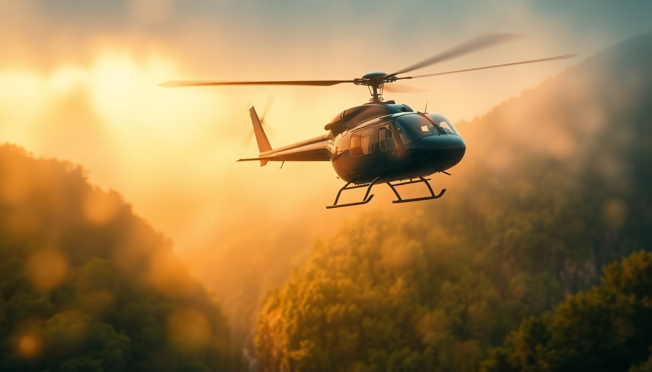 An abstract, impressionistic photograph of a helicopter hovering over a forested ravine, with soft, blurred pools of warm light and color creating a dreamlike, emotional scene of a rescue operation.