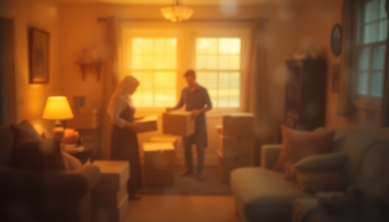 An abstract, out-of-focus photograph in warm tones depicting the blurred silhouettes of an Amish family unpacking boxes in their new home, conveying the emotional experience of relocation and adaptation to a new environment.