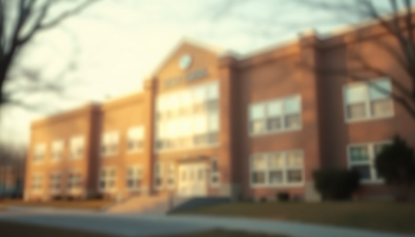 A softly blurred, atmospheric photograph of a high school building's exterior, with the edges of the frame fading into abstract pools of warm, muted color and light, conveying a sense of community concern and uncertainty.