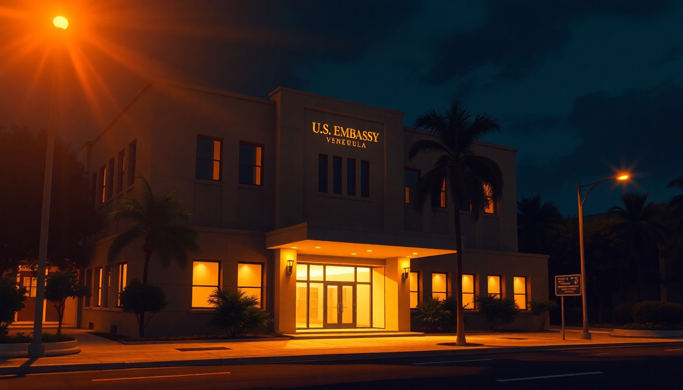 A serene, photorealistic painting of the exterior of a government building in a warm, golden light, capturing the quiet, nostalgic mood of a diplomatic milestone.