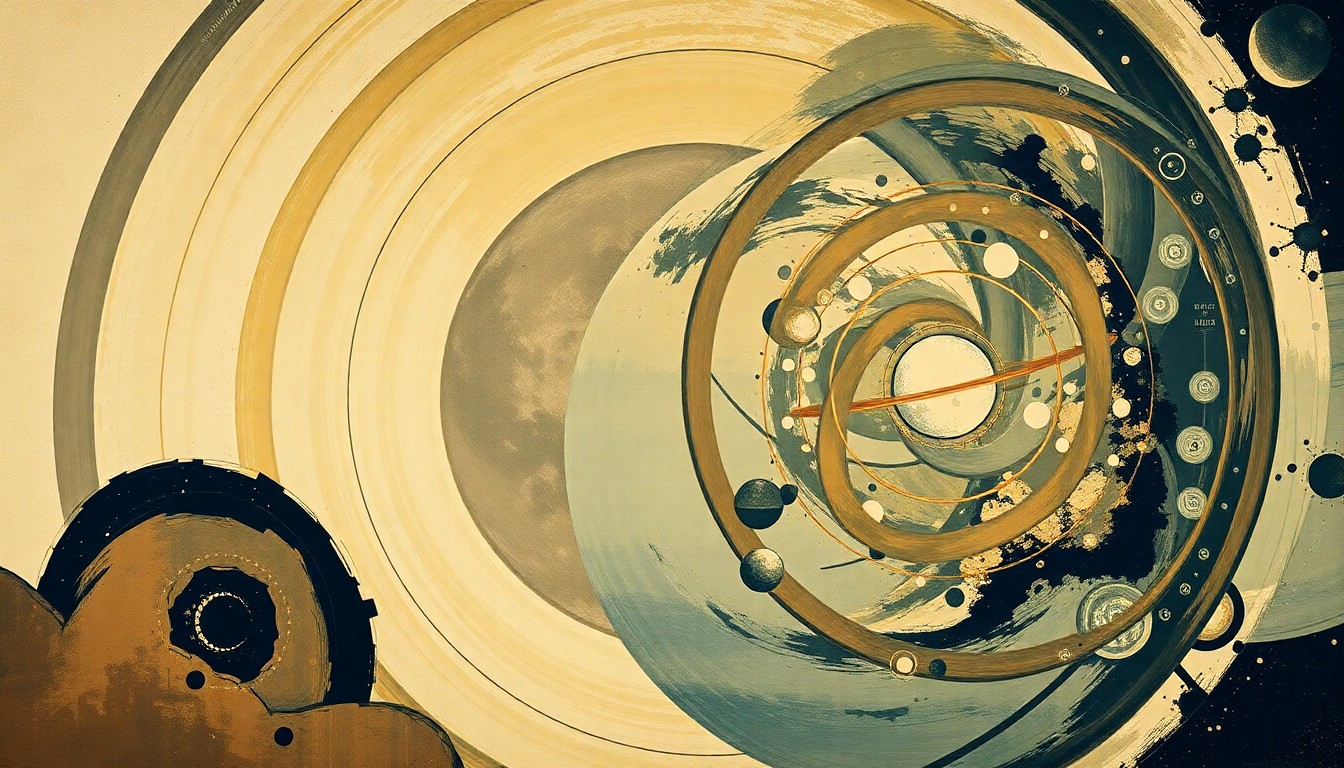 A bold, abstract painting in the style of Hilma af Klint, featuring sweeping geometric arcs, concentric circles, and precise spirals in earthy tones of brown, green, and blue, representing the complex forces and concepts of the Artemis 2 mission to the Moon.
