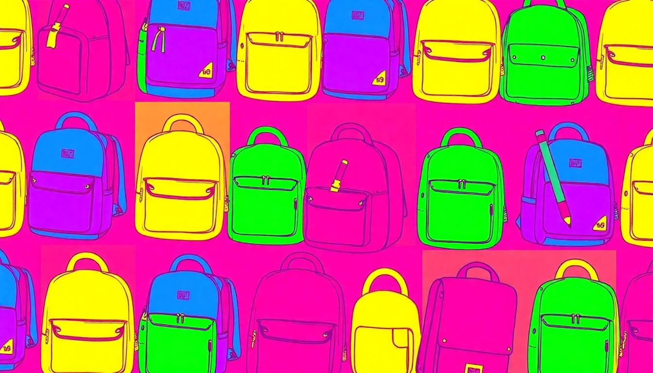 A high-contrast, silkscreen-style illustration of a repeated student object, such as a backpack or notebook, in a grid of bright, neon colors and heavy black outlines, capturing the energy and creativity of a national student competition.