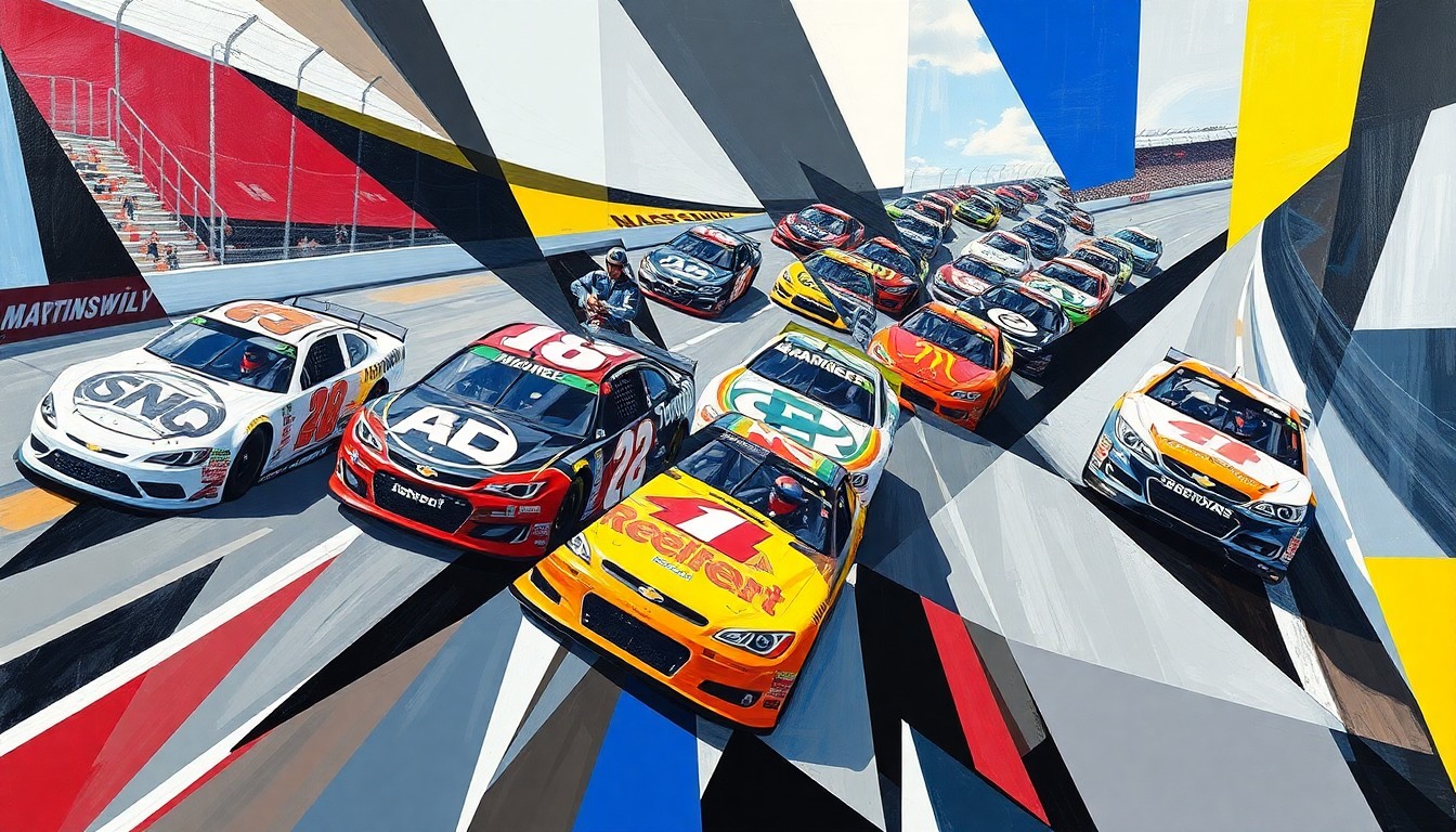 A fractured, geometric painting depicting the intense competition and physical contact between two NASCAR race cars, with the drivers and vehicles represented as abstract shapes and forms.