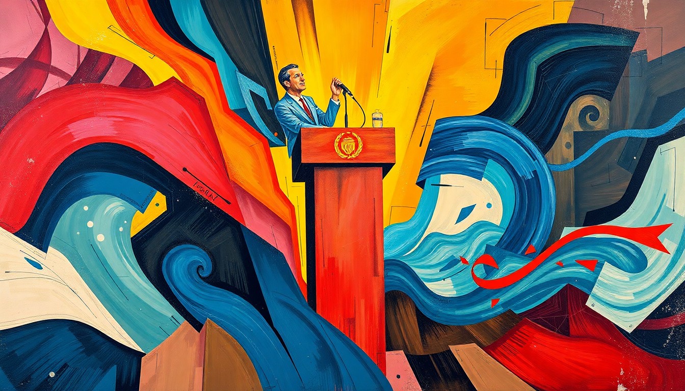 A dynamic, fractured painting of a podium or other political symbol in motion, with overlapping geometric shapes and waves of vibrant, contrasting colors, conceptually representing the shifting political landscape.