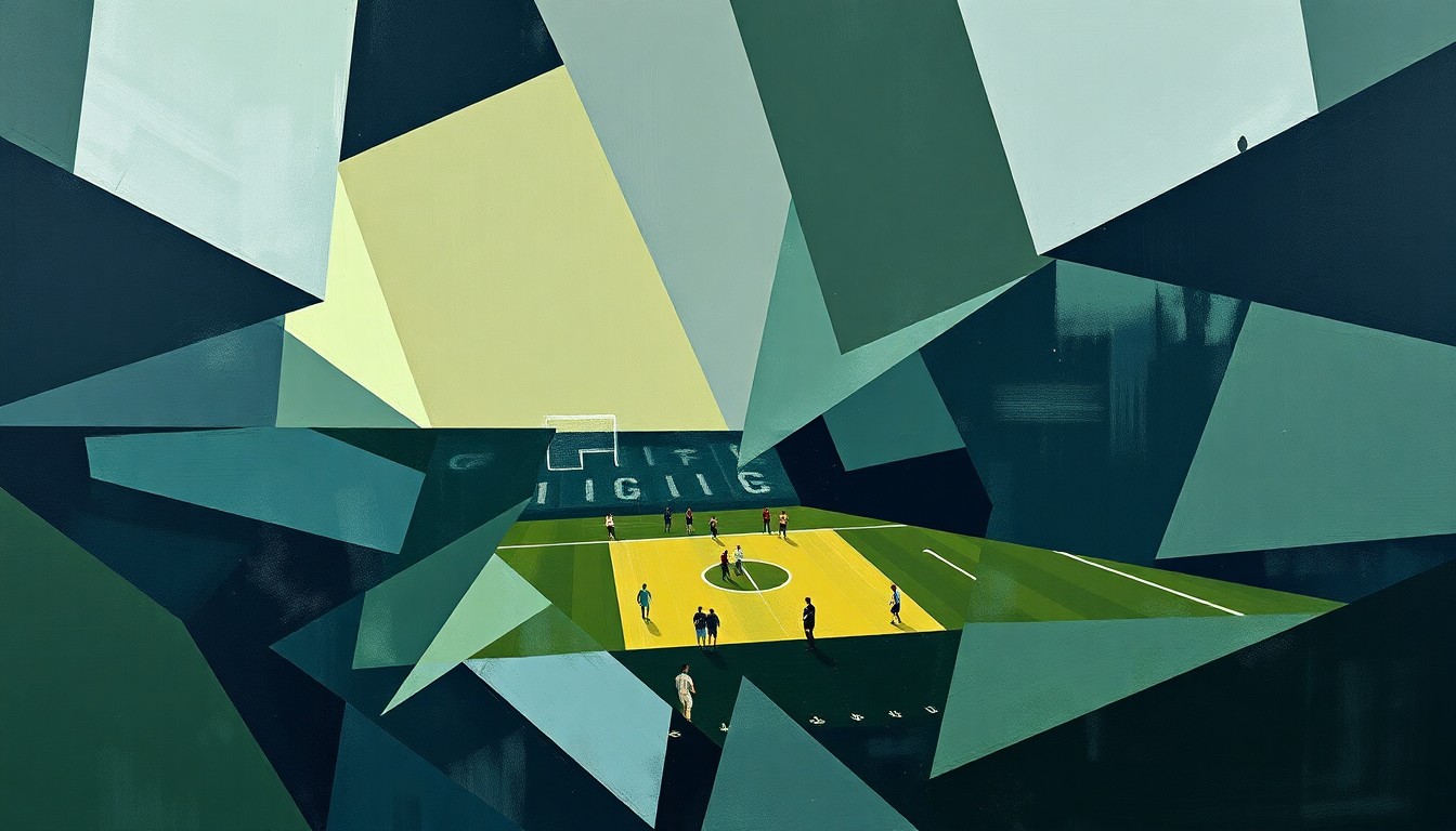 A fragmented, cubist-style painting depicting a football game or match, with sharp, overlapping geometric shapes in muted navy, green, and grey tones, conveying the complex nature of roster management in the NFL.