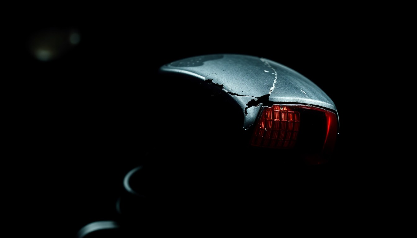 An extreme close-up photograph of a damaged motorcycle part, such as a broken mirror or cracked taillight, lit by a harsh, direct camera flash against a pitch-black background, conveying the stark, gritty aftermath of a fatal crash.