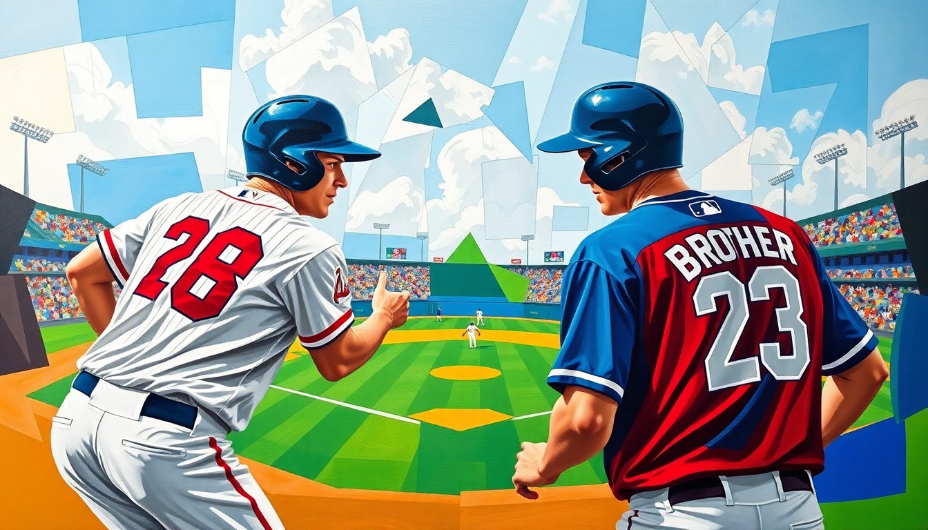 A fractured, cubist-style painting depicting a baseball game, with the players' forms broken down into overlapping geometric shapes and planes in vibrant colors, representing the competitive energy of the Naylor brothers' matchup.