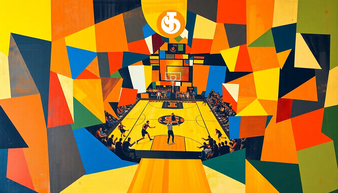 A fractured, cubist-style painting depicting the energy and intensity of a college basketball game, with sharp geometric shapes and planes in the official colors of the Illinois Fighting Illini team.