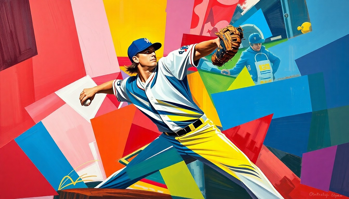 A fractured, cubist-style painting depicting the motion of a baseball pitcher, with sharp geometric planes in vibrant colors representing the teams' official palettes, conceptually illustrating the statistical similarities between two rising pitching talents.