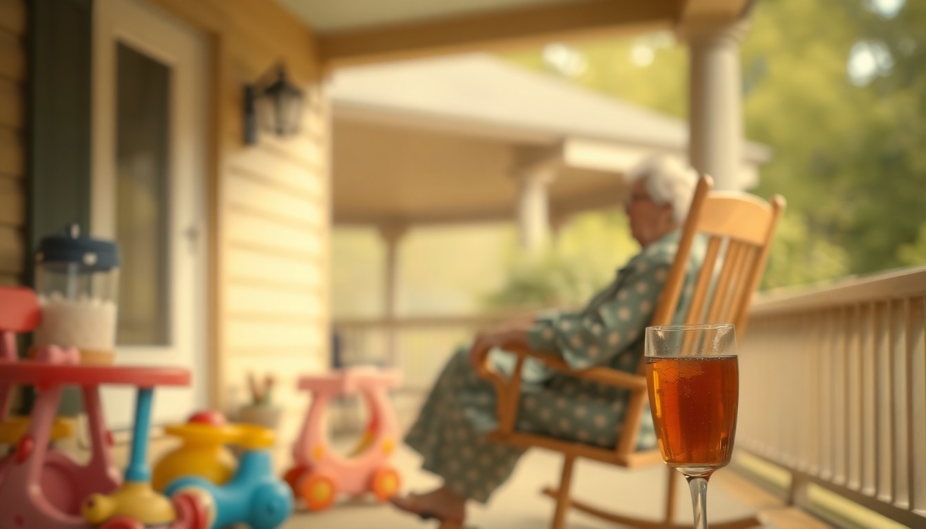 An extremely abstracted, out-of-focus photograph in soft pools of warm color and light, depicting the blurred shapes of a grandmother's rocking chair, children's toys, and a glass of iced tea, conceptually representing the quiet pleasures and close-knit community that Wanda Hudson cherished.