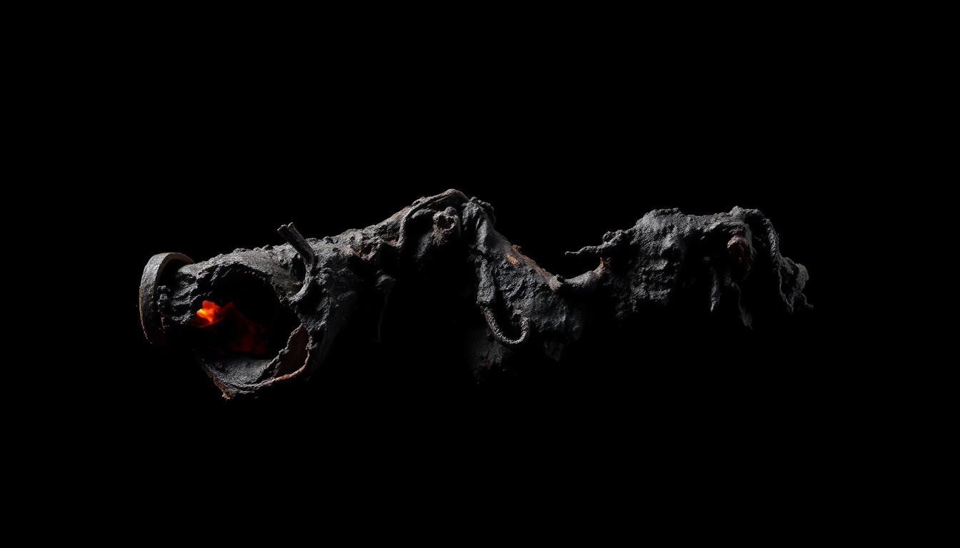 An extreme close-up photograph of a charred, twisted piece of metal debris against a pitch-black background, conceptually illustrating the disturbing nature of the crime scene discovered by first responders.