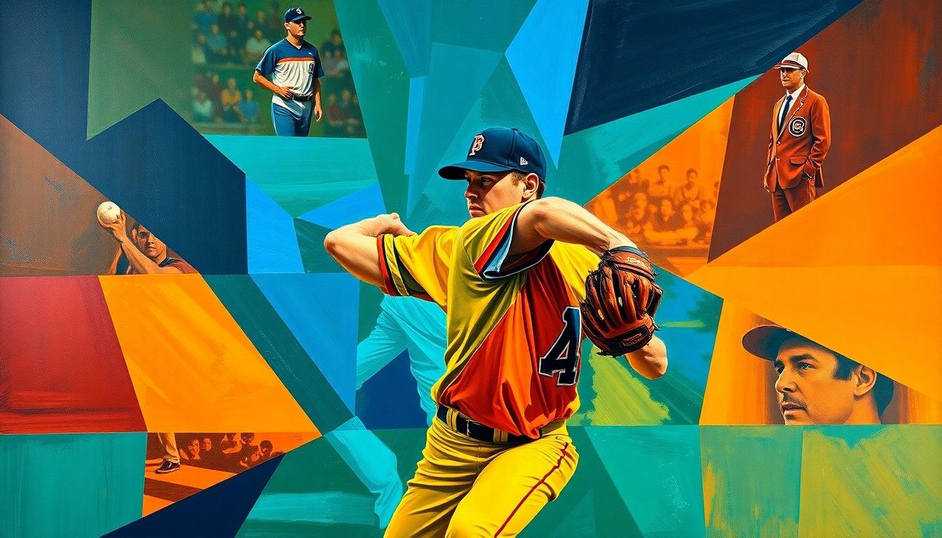 A fragmented, geometric painting depicting a baseball pitcher's windup and delivery, with sharp planes of color and overlapping perspectives conveying the intensity and skill of the performance.