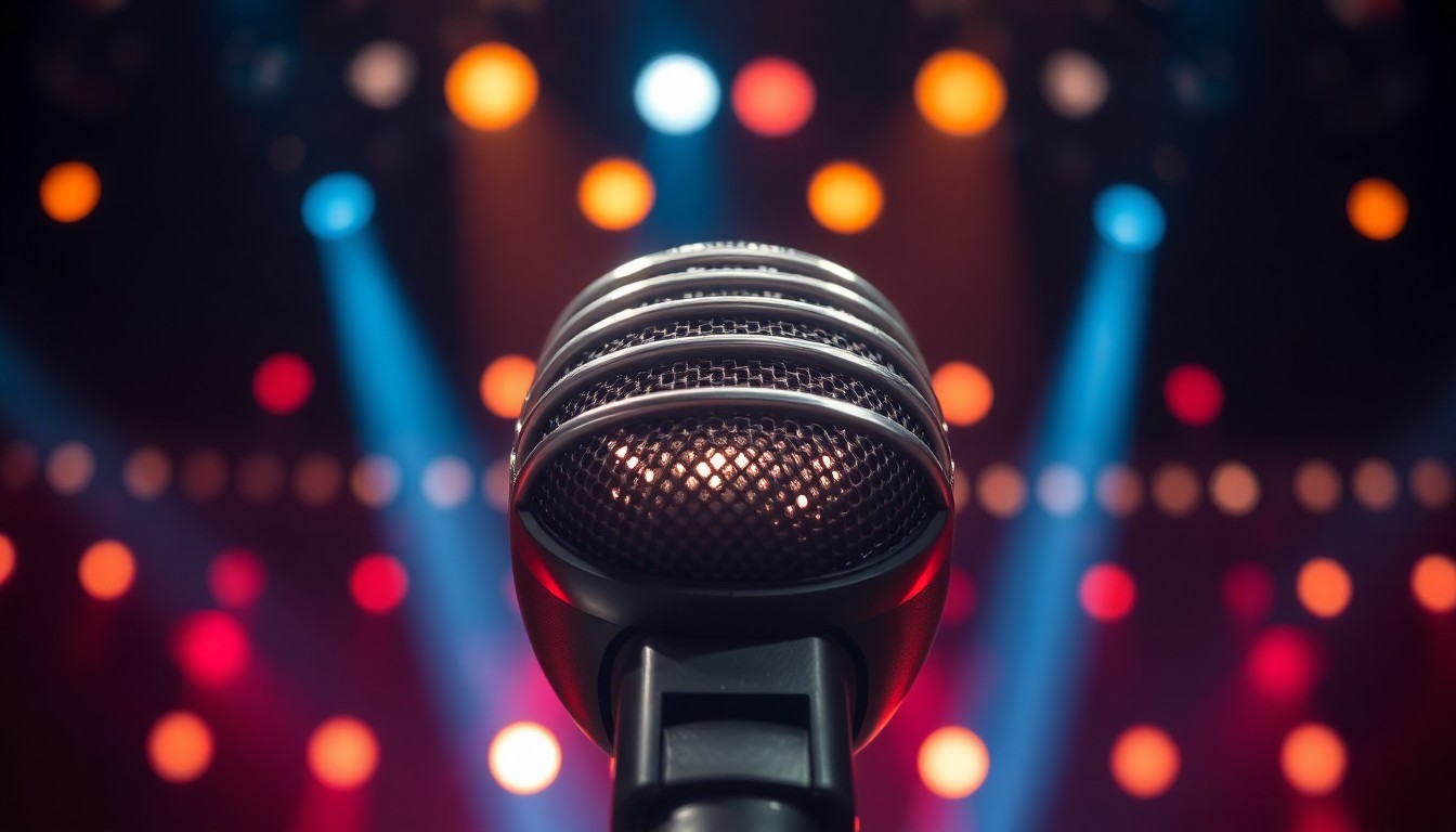 An extreme close-up of a metallic microphone grill, lit dramatically from the side to create high contrast and a sense of glamour and tension, representing the high-stakes environment of a live television singing competition.